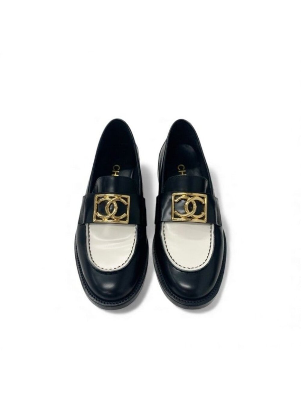 Chanel Loafers Shoes Leather Black White Gold Coco Mark Flat - Picture 3 of 11